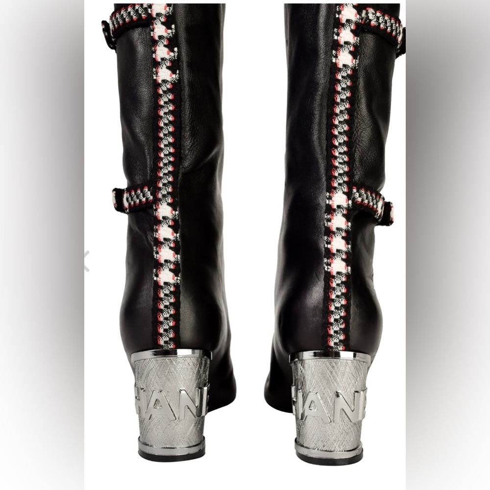 💯Vintage CHANEL Black Lambskin Leather Tweed Heel Thigh High Boots
